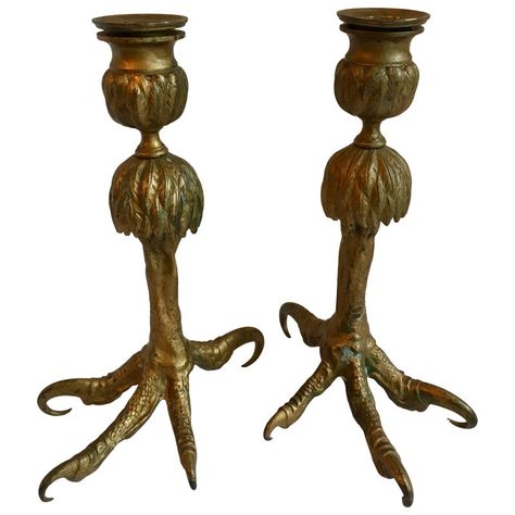 Pair Gold Talon Foot Candle Holders - great for any table or counter top... amazing design. detailed sculpted feather on foot to claw Whimsy Decor, Candle Holders Metal, Thrift Ideas, Witch Hut, Flash Ideas, Antiqued Candle Holders, Vintage Candle Holder, Witch Room, Candle Holder Vintage