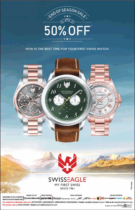 swisseagle-watches-end-of-season-sale-upto-50%-off-ad-bombay-times. https://www.advertgallery.com/product-  tag/watches-advertisement-collection/ Watch Poster Design, Watch Banner, Watch Advertisement, Watch Poster, Fastrack Watches, Watch Ads, Fashion Banner, Social Media Advertising Design, Watch Ad