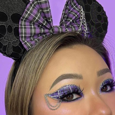 J’Lee Does Makeup 🌙 on Instagram: "He was a Sk8r Ghoul, she said see ya later, fool 🤪💀💜 (Chain trend IB @jordshea and plaid design IB @sourandnasty) @lucysgrotto sent me these “Sk8r Ghoul” mouse ears from her spooky collection and I was so inspired to do a makeup look based off them! 😍 Please go check out the rest of Lucy’s spooky ears (link in bio) and you can use code JLEE10 to save some money at checkout! 💸 (not an affiliate code, just for you to save some $$ 🫶🏼) - Products used: (*=PR/Gifted) @lucysgrotto *Sk8r Ghoul mouse ears (code JLEE10 for $$ off) Eyes: @glisten_cosmetics Wine Time & Coke Float wet liners (code JLEE for $$ off) @blendbunnycosmetics Blends Palette, *Darling lashes (code JLEE for $$ off) @colourpopcosmetics Swerve creme gel liner @shuuemura *Stone Gray brow Lashes Code, Plaid Makeup, Unconventional Makeup, Coke Float, Glisten Cosmetics, Scene Queen, Contour Stick, Highlighter Palette, See Ya