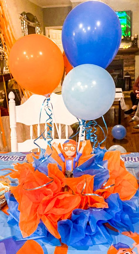 Tissue Paper Centerpiece Ideas, Blippi Sensory Bin, Blippi Birthday Party Centerpiece Ideas, Blippi Birthday Party At The Park, Blippi Table Centerpieces, Blippi Birthday Party Outside, Blippi Decorations Diy, Blippi Party Centerpieces, Blippi Birthday Decorations