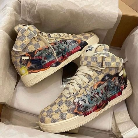 Nike Air Force 1 Mid x LOUIS VUITTON LV 'Beige' 1A9VE6 Louis Vuitton Air Force 1, Nike Air Force 1 Mid, Custom Nike Shoes, Air Force 1 Mid, Custom Nike, Air Force One, Force One, Custom Nikes, Air Force Ones