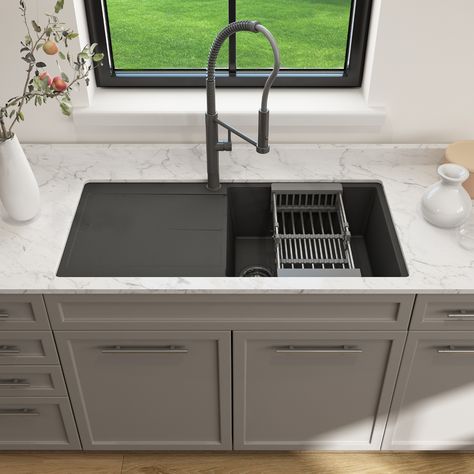 Safe, durable, and high-quality Italian-made Granite Kitchen Sink. Made of superior food-grade granite that is resistant to stains and dirt thus making it more eco-friendly and easier to clean. Scratch and impact-resistant, with color throughout that won't change or fade even when exposed to prolonged direct sunlight, sound absorbing and quiet, heat insulating and resistant up to 535 degrees Fahrenheit, add function and style to the sink. - Model: 1635-504-0120 - #kitchendesign #farmhousekitc... Stone Farmhouse Sink, Granite Composite Kitchen Sink, Easy Punch, Single Hole Kitchen Faucet, Granite Composite Sinks, Composite Sink, Fireclay Farmhouse Sink, Granite Kitchen Sinks, Counter Clean