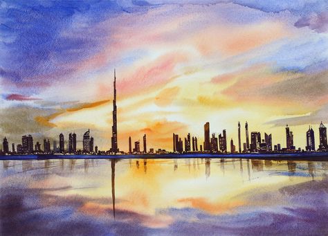 Dubai cityscape always fascinates me to create a beautiful painting. Burj Khalifa surrounded by tall towers forms the most beautiful skyline of the world.  It is a watercolour painting of the beautiful skyline of Dubai. Burj Khalifa is the centre of attraction and also dominating the cityscape. The mesmerising multicolour clouds are creating a unique design in the sky. Reflection of the cityscape and sky in the water is impeccable. It seems tall multi store building are creating embroidery. Cityscape Dubai, Dubai Sunset, City Reflection, City Scape Painting, Cities Painting, City Dubai, Dubai Skyline, Tokyo Skyline, Skyline Painting