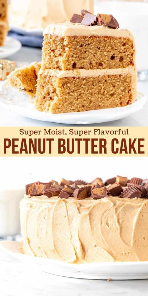 This peanut butter cake is the perfect recipe for true peanut butter lovers! With layers of moist and tender cake that's infused with peanut butter and creamy peanut butter frosting - it's surprisingly not too sweet and has the most delicious peanut butter flavor. #peanutbutter #peanutbuttercake #cake #layercake #recipe #peanutbutterfrosting #frosting #buttercream #recipe from Just So Tasty Moist Chocolate Cake With Peanut Butter Icing, Chocolate Peanut Butter Cakes, Decadent Birthday Cakes, Chocolate Cake With Peanut Butter Frosting, Chocolate Cake With Peanut Butter Icing, Birthday Desserts Not Cake, Chocolate Peanutbutter Cake, Peanut Butter Cakes, Birthday Dessert Ideas