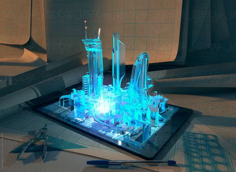 City hologram by Colin Anderson for Stocksy United Studio Seni, Hologram Technology, Nouveaux Gadgets, Teknologi Futuristik, Future Technology Concept, Kule Ting, Holographic Design, 3d Hologram, Holography