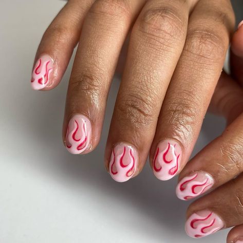 Pink Chrome Flame Nails, Flame Heart Nails, Flame Nails Short, Short Flame Nails, Pink Flame Nails, Gel Manicure Designs, Flame Nail Art, Chrome Nail Art, Burgundy Nails