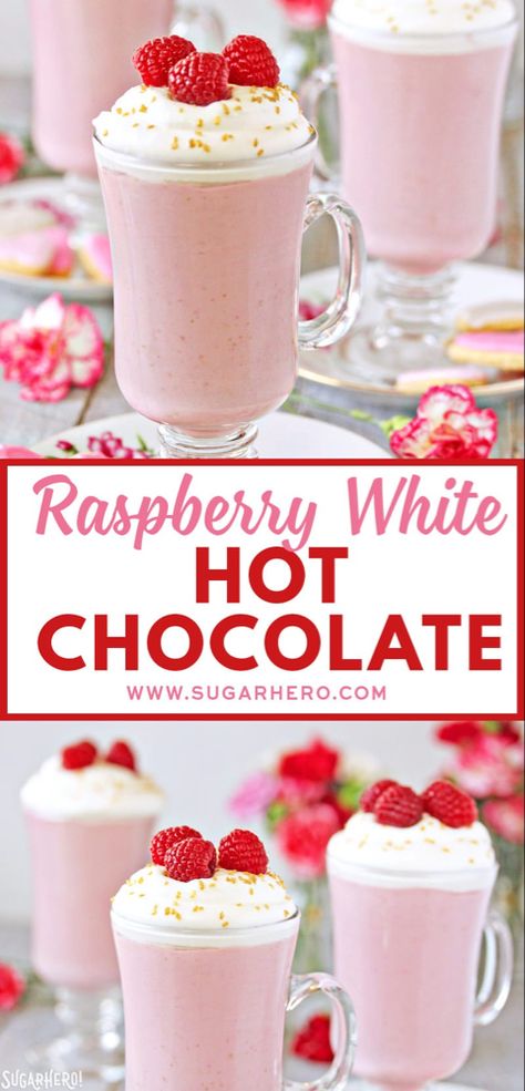 Raspberry White Hot Chocolate is a pretty pink twist on traditional hot chocolate! It's made with white chocolate and real raspberry puree, for a fresh, fruity taste that is perfect year-round! | From SugarHero.com #sugarhero #Hotchocolate #raspberry White Chocolate Hot Chocolate, Raspberry Puree, Raspberry White Chocolate, Hot Drinks Recipes, White Drinks, Chocolate Drink, Hot Chocolate Drinks, White Hot Chocolate, White Chocolate Raspberry