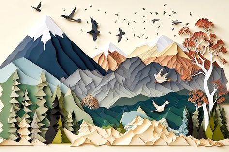 Origami Landscape, 3d Landscape Art, 3d Collage Art, Upcycle Paper, Store Inspiration, Perspective Sketch, Art Mountains, Art Final, Design Collage