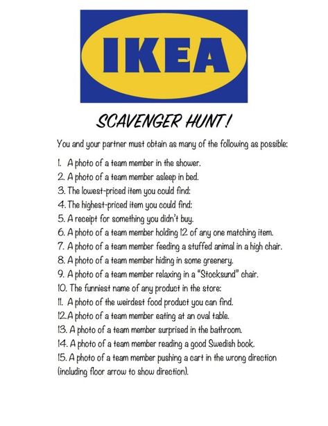 Ikea Scavenger Hunt - A Love Letter To Food 21st Birthday Scavenger Hunt, Funny Group Games, Picture Scavenger Hunts, Scavenger Hunt Party, Funny Games For Groups, Scavenger Hunt Ideas, Scavenger Hunt List, Adult Scavenger Hunt, Aging Humor