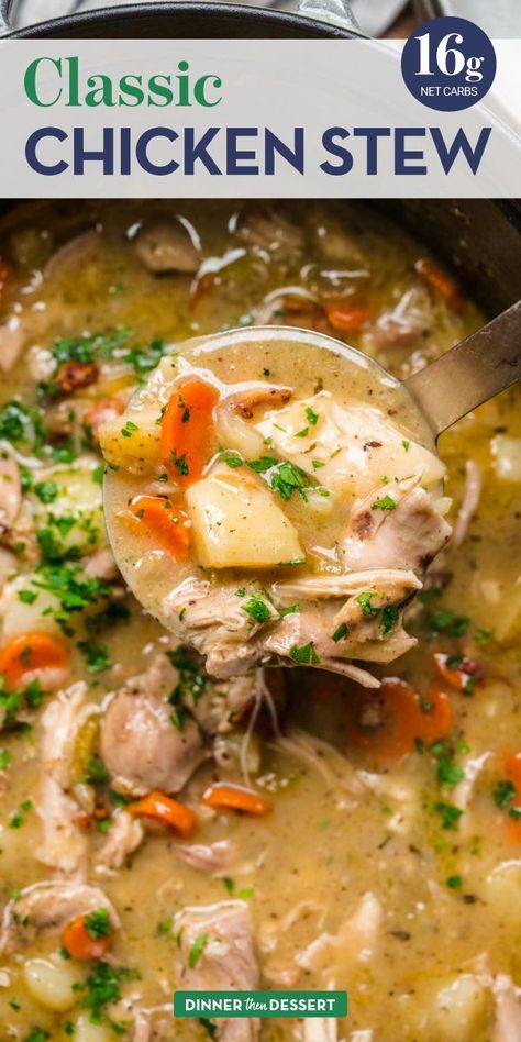 Classic Chicken Stew is a comforting weeknight dinner made with classic ingredients like chicken thighs, bacon, onion, thyme, and carrots. When we think of stew a lot of the time Beef Stew is the first thing to come to mind, but this Chicken Stew is just as comforting and delicious. Healthy Stew Recipes, Veg Stew, Stew Recipes Crockpot, Slow Cooker Chicken Stew, Stew Dinner, Chicken Stew Recipe, Stewed Chicken, Chicken Soups, Chicken Francese