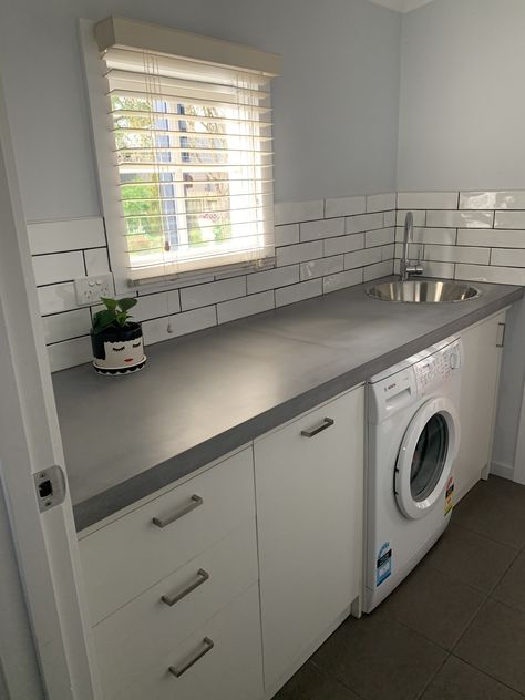 Concrete Laundry Room, Laundry Benchtop, Laundry Bench, Concrete Benchtop, Pavilion House, Laundry Renovation, Concrete Vanity, Modern Laundry, Laundry Room Renovation