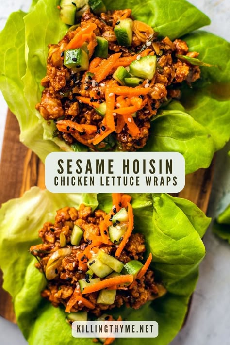 Sesame Hoisin Chicken Lettuce Wraps Thai Chicken Lettuce Wraps, Hoisin Chicken, Chicken Lettuce Wraps Recipe, Cauliflower Tacos, Lettuce Wrap Recipes, Healthy Weeknight Meals, Grape Salad, Pan Seared Salmon, Seared Salmon