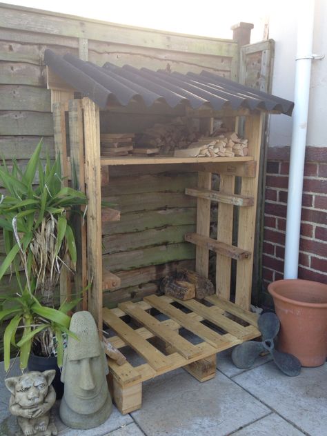 Diy Wood Store Outdoor, Pallet Wood Fire Storage, Log Store Pallet Ideas, Log Store Pallet, Pallet Wood Store, Pallet Log Store Diy, Pallet Log Store, Log Store Outdoor, Pallet Wood Shed