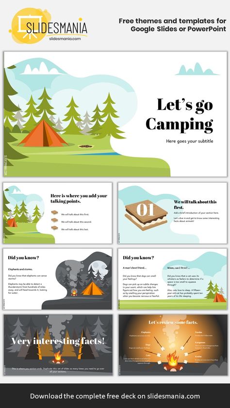 Free camping presentation template. Ready for a trip? Let’s go camping with this fun template! It comes with many illustrations: tents, campfires, and of course, smores and marshmallows! Camping Template, Camp Brochure, Camping Infographic Design, Summer Camp Social Media Posts, Summer Camp Brochure Design, Travel Powerpoint Template, Camping Illustration, Cute Powerpoint Templates, Ebook Template Design