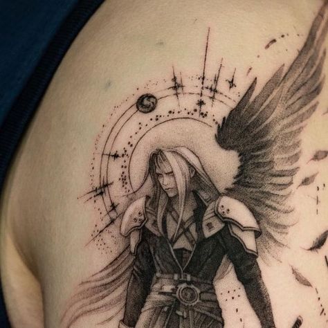 Final Fantasy Sephiroth Tattoo, Sephiroth Tattoo Ideas, Aerith Tattoo, Final Fantasy Vii Tattoo, Ffvii Tattoo, Sephiroth Tattoo, Ff7 Tattoo, Final Fantasy Tattoo, My Life Is Boring