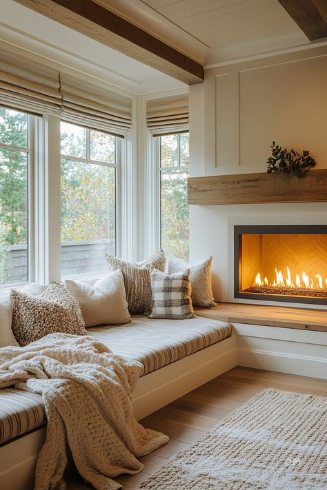 Built-In Around Fireplace: Elegant Solutions for Your Living Space - Quiet Minimal Entry Room Seating Area, Fireplace Two Windows, Window Seat With Fireplace, Small Sunroom With Fireplace, Fireplace With Seating On Sides, Fireplace In Kitchen Sitting Area, Fireplace For Small Living Room, Small Room Fireplace, Fireplace Small Space