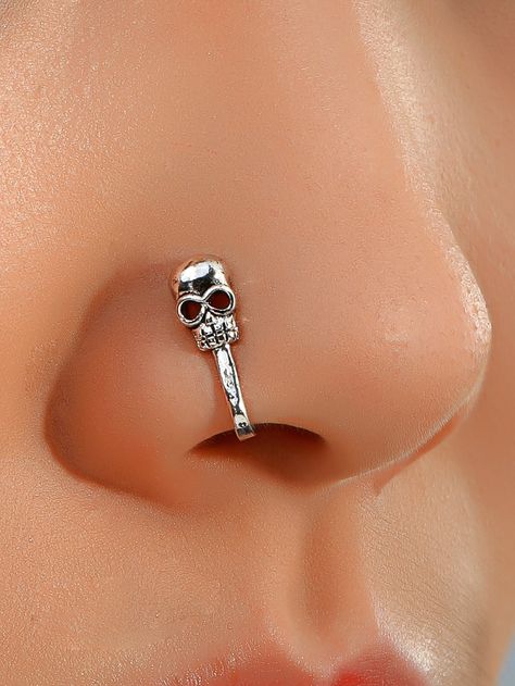 ROMWE Skull Decor Nose Ring Emo Piercings, Lip Piercing Jewelry, Nose Cuff, Nose Piercing Hoop, Punk Skull, Face Piercings, Skull Decor, Nose Jewelry, Grunge Punk