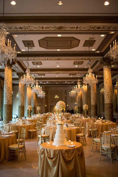 Venue: The Drake Chicago. Photography by emiliajanephoto.com, Planning by bigcitybride.com, Floral Design by scarletpetal.com Drake Hotel Chicago, Gold Chivari Chairs, Drake Hotel, City Bride, Wedding Hotel, Chicago Wedding Venues, Tall Centerpieces, Beautiful Chandelier, Banquet Hall