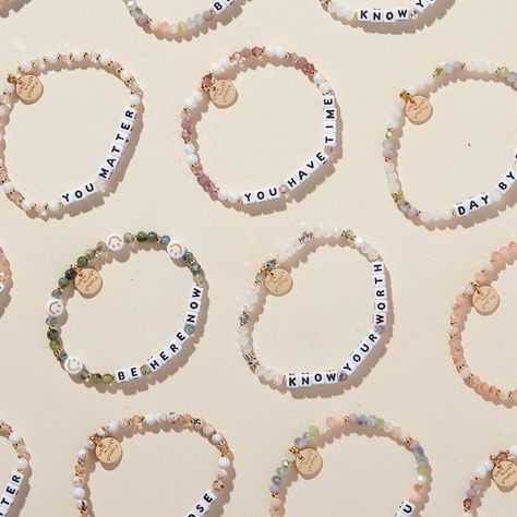 New Bracelets | Trending Beaded Word Bracelets – Little Words Project Brackets With Words, Friendship Bracelet Quotes Inspirational, Phrases For Bracelets, Words Bracelets Beads, Friendship Bracelet Word Ideas, Cute Bracelet Sayings, Inspirational Bracelets Quotes, Beaded Friendship Bracelets Words, Beaded Bracelet Words