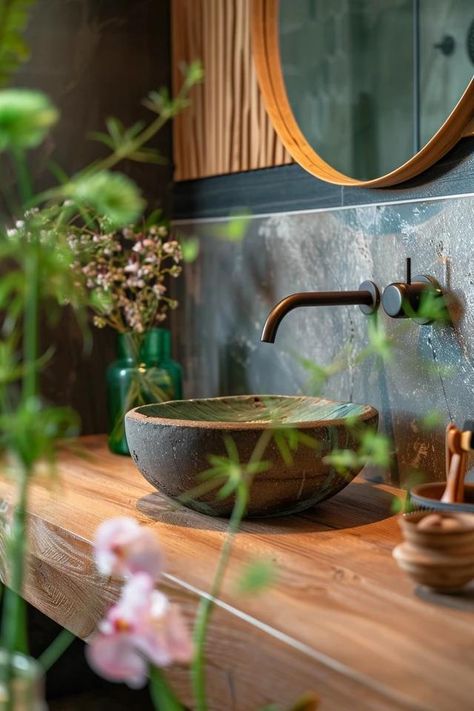 Earthy Bathroom Ideas for a Natural Oasis Retreat Earthy Bathroom Ideas, Pebble Bath Mat, Earthy Bathroom, Wooden Soap Dish, Backyard Balcony, Vintage Ladder, Earthy Home, Green Bathroom, Online Interior Design