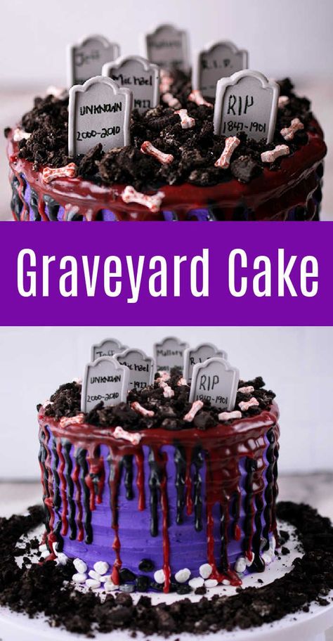 This Ghostly Graveyard Cake takes imagination and creativity from everyone with tombstones, skulls and spooky icing daring all to try a bite. Halloween Graveyard Cake, Graveyard Cake, Monster Food, Halloween Cookies Decorated, Halloween Graveyard, Chocolate Creme, Easy Halloween Food, Halloween Dinner, Chocolate Cake Mixes