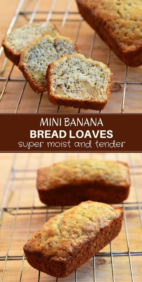 Mini Banana Bread Loaves are the perfect way to use up ripe bananas! With super moist, tender crumb generously studded with crunchy walnuts and loaded with banana flavor, they're fabulous for breakfast or midday snack. And they make great gifts, too! #bakedgoods #quickbread #snack #breakfast #banana #breadloaf #homemade #foodgifts Mini Loaf Banana Bread Recipe, Mini Banana Bread Loaves, Banana Bread Loaves, Use Up Ripe Bananas, Mini Banana Bread, Mini Bread Loaves, Mini Loaf Cakes, Breakfast Banana, Recipes Banana