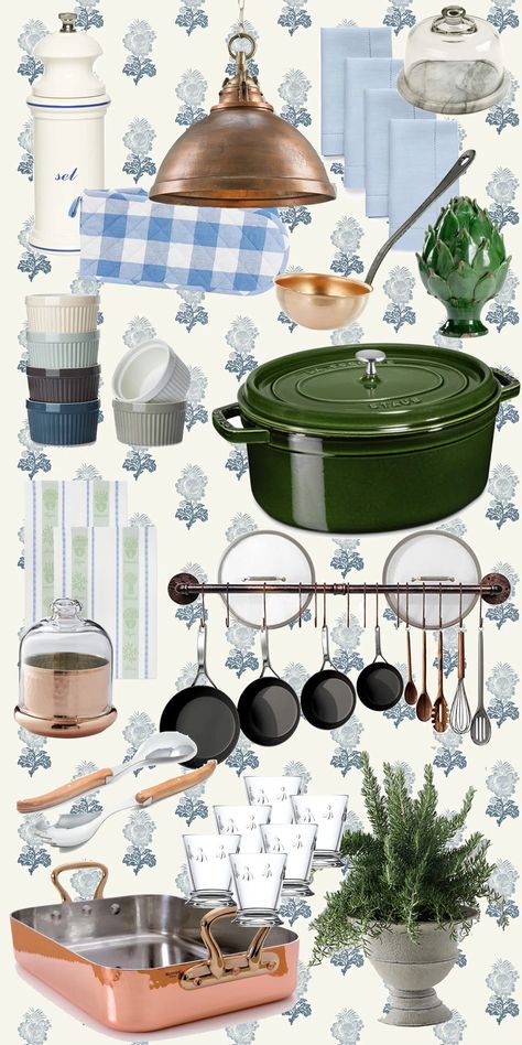 Inspired by: French Kitchens. Staub Dutch Oven, Glass Cheese Dome, Marble Utensil Holder, French Kitchens, Gingham Tablecloth, Copper Utensils, Kitchen Finds, Cheese Dome, Wood Eggs