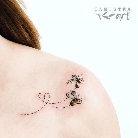 Bee Happy Tattoo, Cute Sister Tattoos For 2, Bee And Flower Tattoo, Plumeria Flower Tattoos, Small Name Tattoo, Hairstylist Tattoos, Winnie The Pooh Tattoos, Daughter Bonding, Happy Tattoo