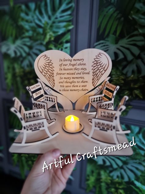 Beautiful Heart and Wings memorial candle display Candle tealight is included. For safety reasons we recommend using a battery operated tealight Light a candle for a loved one no longer with us this  Personalise with "Name or Title or Name and Title " up to 2 personalised words can be added to the chair.  Up to 4x chairs available from options Please leave a message with required names or titles upon checkout, ensuring all spelling is correct.  If no name is left then a blank chair will be sent. Memorial Ideas For Loved Ones, Memorial Crafts For Loved Ones, Candle Light Memorial, Candle Memorial, Son Poems, Crafts 2024, Memorial Favors, In Loving Memory Gifts, Angel Wing Ornaments