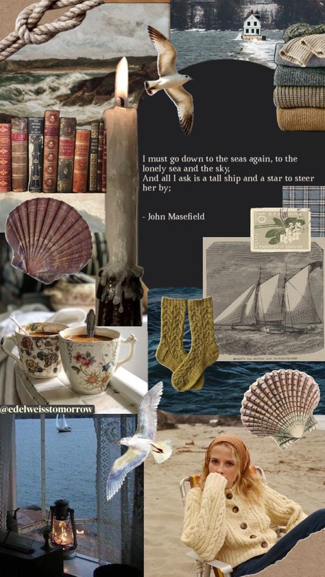 @edelweisstomorrow #vintage #nature #vibes #books #wallpaper #art #quotes #poem #sea #nautical #aesthetic #aestheticmoodboard #ocean #oceanaesthetic Cottagecore Homes, Sailor Aesthetic, Sailing Aesthetic, Books Wallpaper, Quotes Poem, Nautical Aesthetic, Nature Vibes, Lighthouse Keeper, Coastal Life