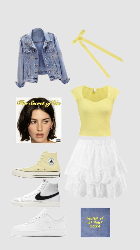 Secret of us tour outfit 💛 The Secret Of Us Outfits, The Secret Of Us Tour Outfit Ideas, Gracie Abrams Tsou Tour Fits, Secret Of Us Tour Outfits, Gracie Abram’s Concert Outfit, The Secret Of Us Tour, Gracie Abrams Concert Outfits, Gracie Outfit, Tsou Concert