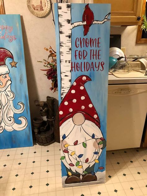 Pictures Of Gnomes To Paint, Christmas Wood Plank Signs, Gnome Paintings On Wood, Painted Wooden Gnomes, Gnome Welcome Signs For Porch, Gnome Painting Ideas, Gnomes Painting, Gnomes Art, Gnome Painting