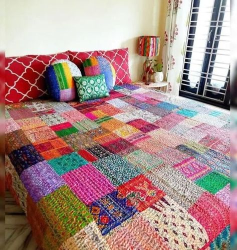 Handmade vintage silk sari patchwork kantha quilt. Patchwork hand stitched kantha bed cover. Each unit is one of a kind and hence unique. Handcrafted bedspread made of silk patch work using traditional Rajasthani kantha work and layering of silk saree pieces. Patola Silk Patchwork with kantha work on the front side and cotton base on the back Add a touch of unique, colourful and eclectic vintage design to your bed or sofa with our reversible patchwork coloured quilt. This quilt has a top llayer Patchwork Quilts Bohemian, Silk Patchwork, Patchwork Bedspread, Bohemian Quilt, Quilt Patchwork, Patchwork Blanket, Handmade Throws, Kantha Work, Kantha Stitch