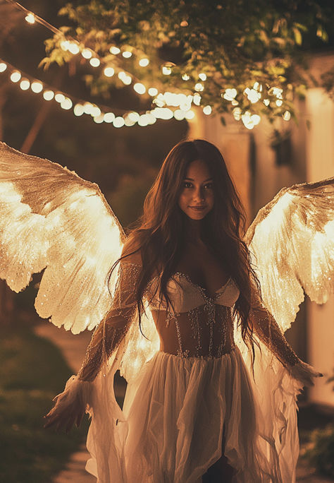 Angel College Halloween Costume Halloween Wings Costume, Angel Goddess Costume, Angel Costume Aesthetic Halloween, Magical Costume Ideas, Modest Angel Costume, Angel Party Outfit, Dark And Light Angel Halloween Costume, Angel Costume Ideas For Women, Angel Costumes Women