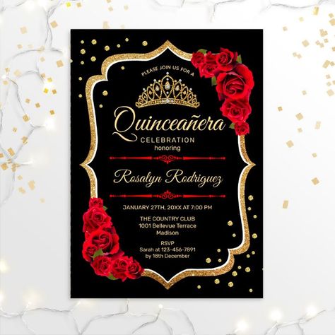 Quinceanera Red, Invitations Quinceanera, Red Quince, Black And Red Roses, Quince Invitations, Princess Birthday Invitations, Birthday Tiara, Quinceanera Themes, Sweet Sixteen Invitations