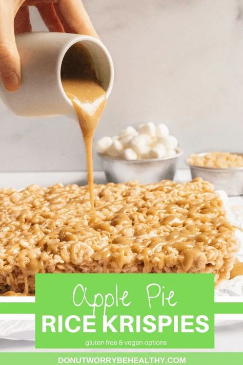 The classic childhood treat, with a touch of fall.  These apple pie rice krispie treats are easy to make, require no baking, and give a beloved treat a little festive flavor! #ricekrispietreats #ricekrispie #applepie #fallrecipes #nobake Apple Jack Rice Krispie Treats, Apple Pie Rice Krispie Treats, Apple Cider Rice Krispie Treats, Fall Themed Rice Krispy Treats, Thanksgiving Rice Krispie Treats, Apple Rice Krispie Treats, Apple Rice, Gluten Free Fall Recipes, Dairy Free Recipes Easy