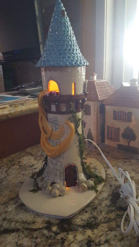 Ceramic Tower Sculpture, Rapunzel Pottery, Disney Ceramics Ideas, Rapunzel Crafts, Rapunzel Stuff, Ap Ceramics, Rapunzel's Tower, Rapunzel Tower, Clay Fairy