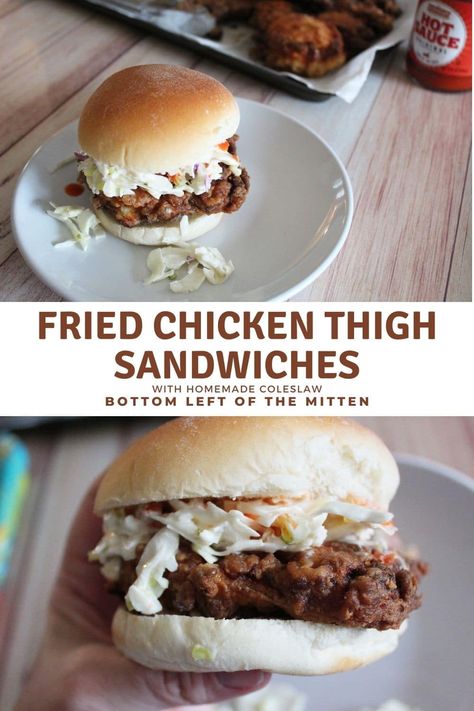 Fried Chicken Thigh Sandwiches {with Coleslaw} Chicken Thigh Sandwich, Sandwiches With Coleslaw, Stove Top Chicken Thighs, Buttermilk Marinated Chicken, Pan Fried Chicken Thighs, Fried Chicken Thighs, Pizza Sandwich Recipe, Whole Turkey Recipes, Coleslaw Recipe Easy