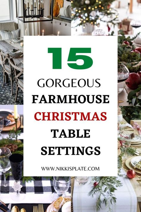 15 Gorgeous Farmhouse Christmas Table Setting Ideas You’ll Want to Copy! – Here are simple yet elegant tablescapes for your to recreate this year! Centrepieces, dinnerware, lighting and more! Rustic Plate Setting, Farmhouse Christmas Tablescapes, Christmas Plate Set, Christmas Table Centrepiece, Christmas Dinnerware Sets, Farmhouse Table Setting, Rustic Plates, Christmas Dinnerware, Christmas Decorations Living Room