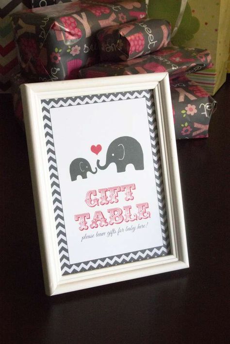 Tresea's Oh Baby Elephant Shower | CatchMyParty.com Elephant Babyshower, Table Baby, Sweet Elephant, Peanut Baby Shower, Elephant Table, Small Frames, Gifts Table, Framed Signs, Elephant Baby Shower Theme