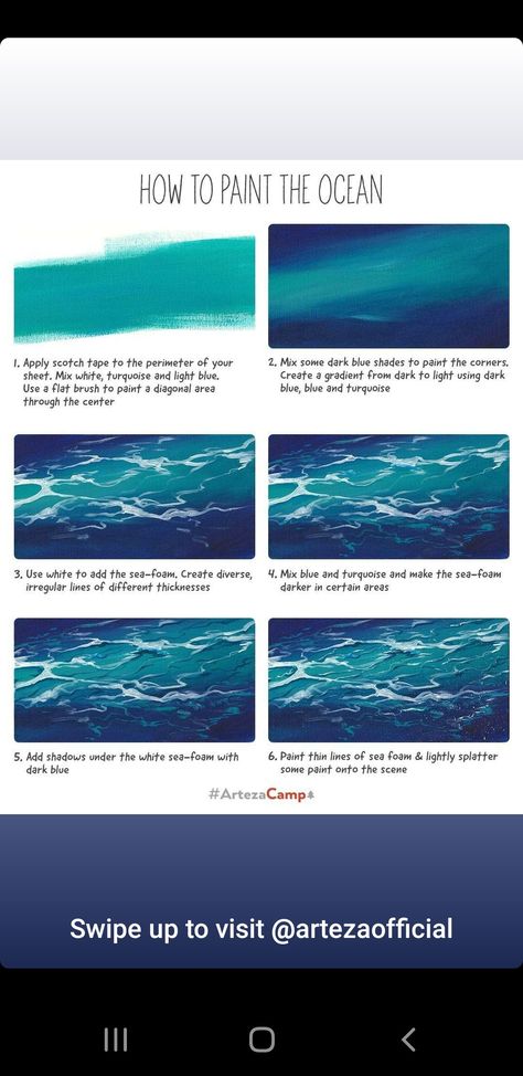 Painting Water Acrylic Step By Step, How To Paint Waves Step By Step, How To Paint Water With Acrylic Step By Step, Ocean Drawing, Paint Water, Ocean Landscape, Wave Painting, Water Reflections, Step By Step Painting