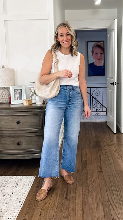 Styling J. Crew Wide Leg Ankle Jeans Ankle Length Wide Leg Jeans, Wide Leg Jeans Outfit Spring, Wide Leg Cropped Jeans Outfit, Target Activewear, Wide Leg Ankle Jeans, Black Blazer Style, Cropped Jeans Outfit, Daily Uniform, Jeans Outfit Spring