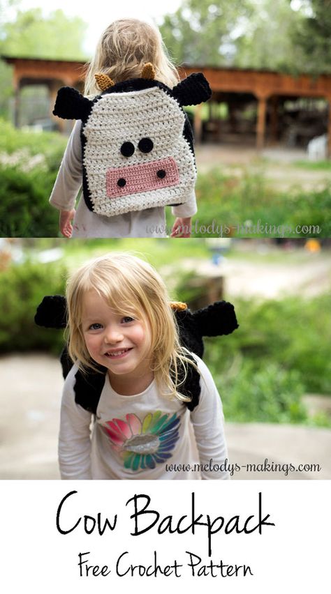 This sweet free cow backpack crochet pattern will make any little one excited to go to school! via @MelodysMakings Crochet Amigurumi Backpack Free Pattern, Crochet Cow In Overalls, Crochet Cow Bag, Crochet Cow Backpack, Crochet Backpack For Kids, Backpack Crochet Pattern, Crochet Dish Scrubber, Cow Backpack, Backpack Crochet