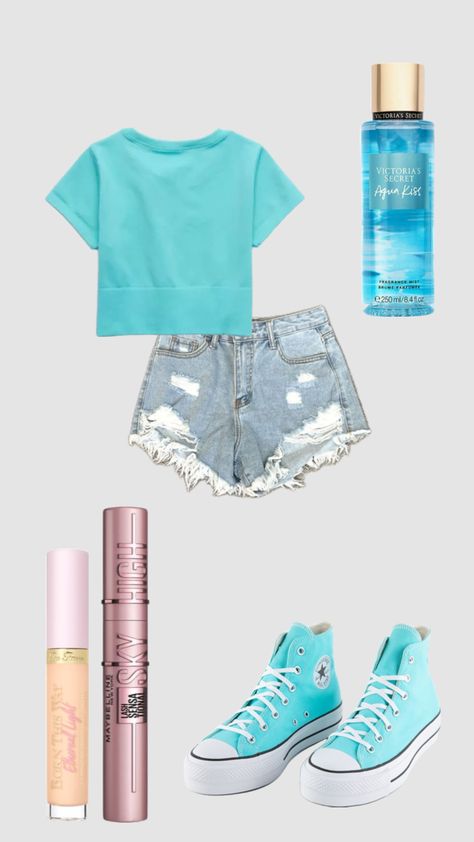 summer outfit inspo!! #teal #converse #victoriassecret #jeanshorts #skyhigh #toofaced Teal Converse Outfit, Teal Outfit, Teal Converse, Teal Outfits, Converse Outfit, Outfits With Converse, Fragrance Mist, Sky High, Summer Outfit