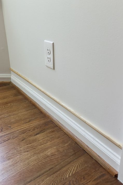 Make Trim Look Bigger, Add Trim To Baseboards, How To Make Baseboards Look Taller, Tall Baseboard Trim, Kitchen Renovation On A Budget, Wagon House, Farmhouse Kitchen Renovation, Travertine Tile Backsplash, Farmhouse Kitchen Makeover