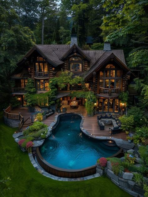 Big House In Woods, Dream Home On Land, Mansions In The Woods, Forest Resort Ideas, Mansion In Forest, Forest House Architecture, Trapped Aesthetic, Mansion Cabin, House With Nature