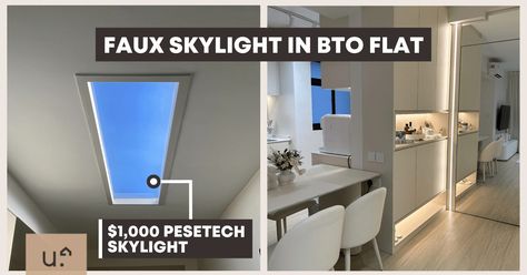 This Homeowner Created A Faux Skylight In Her HDB BTO & It Looks All Sorts Of Amazing Faux Skylight Ceilings, Faux Skylight, Skylight Bathroom, Cornice Design, Hallway Mirror, Ceiling Ideas, Blue Sky Background, Light Panel, China Design