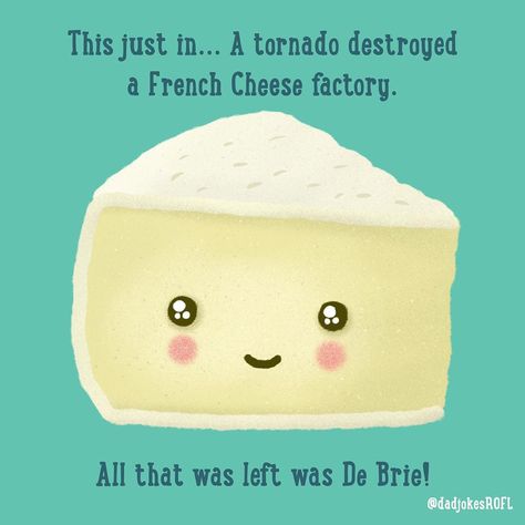 Dad Jokes, Fake News & Puns on Instagram: “This just in.  A tornado destroyed a French Cheese factory.  All that was left was De Brie!  #fakenews #dadjoke #dadjokes #illustration…” Cheese Jokes, French Puns, Weather Puns, Weather Jokes, Funny Food Jokes, Cheese Puns, Jokes Kids, Bible Jokes, Sports Joke