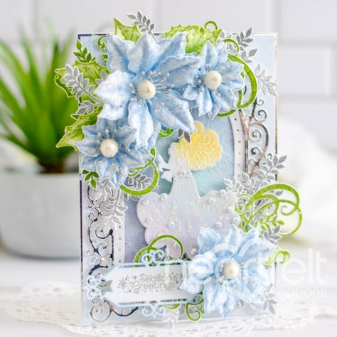 Blue Pattern Paper, Heartfelt Creations Flowers, Silver Card, Heartfelt Creations Cards, Leaf Images, Rose Frame, Creative Corner, Heartfelt Creations, Christmas Cards To Make