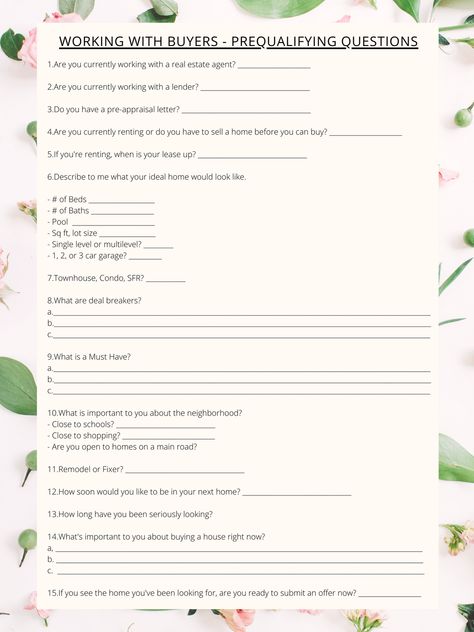 Pre-Qualifying Questions to ensure you are working with a buyer that is truly ready to buy a new home. #RealEstateAgent #Realtor #BUYER Realtor Questions For Buyers, Realtor Organization, Real Estate Test, Real Estate Vision Board, Becoming A Realtor, Transaction Coordinator, Real Estate Business Plan, Real Estate Fun, Real Estate Terms
